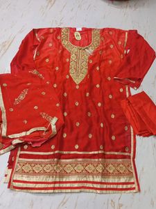 Red &amp; Gold Embroidered  dress material