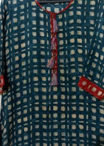 Green Checkered Tassel Kurti Dress
