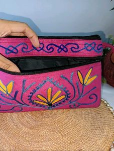Embroidered Pink Hand Purse