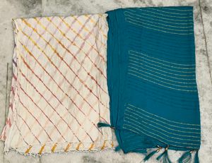 👉 3 Dupatta Combo – Teal, Cream & Printed