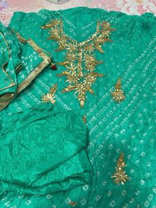 Green Bandhani Kurta Set with Golden Embroidery