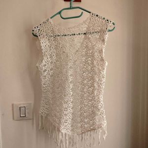 Boho White Crochet Cover Up Top with Fringe