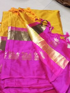 Vibrant Yellow and Pink Silk Saree