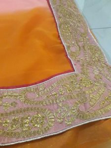 Saree Set: Peach &amp; Navy Blue