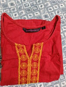 Red Embroidered Cotton Kurta