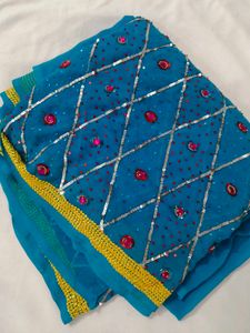 Sparkling Teal Saree with Embellishments