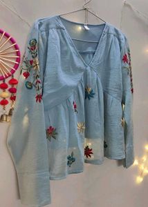 Embroidered Blue V-Neck Peplum Top