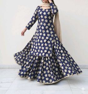 NAVY BLUE EMBROIDED KURTA-LEHNGA SET