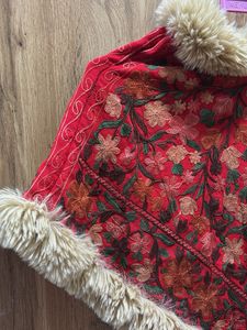 Red Embroidered Poncho with Fur Trim