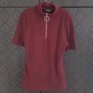 Burgundy Ribbed Zip-Up Top