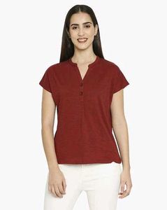 Wine V Neck Henley Maroon Top Cap Sleeves