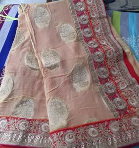 Heavy Cream And Red Color Combination Saree