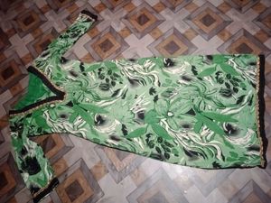 Green Floral Print Kurta with Black Velvet Necklin
