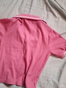 Chic Ribbed Pink Polo Crop Top