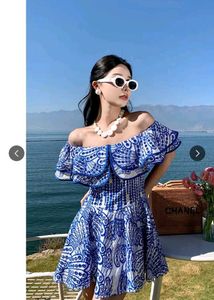 Blue & White Off-Shoulder Ruffle Dress