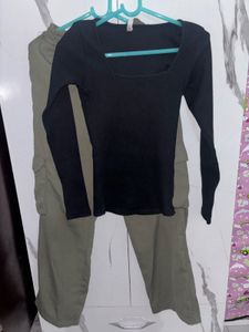 Black Square Neck Long Sleeve Top and Zudio Green