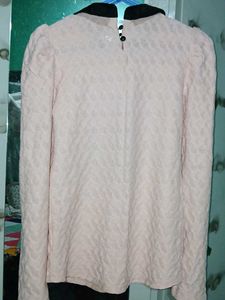 Chic Pink Textured Top with Embellished Collar