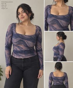 Mesh Swirl Print Long Sleeve Top