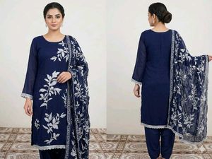 Navy Blue Printed Suit with sequins and stone work