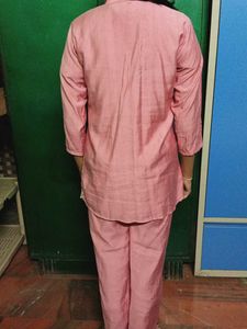 Pink Cotton Kurta Set with Lace Detail