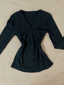 Basic Dark Blue V-Neck Long Sleeve Top