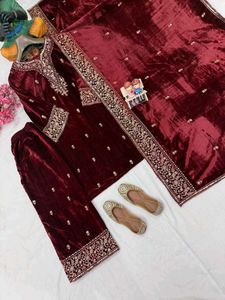 Elegant Maroon Velvet Kurta Set