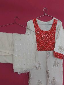 White and red kurti set with dupatta, Pant