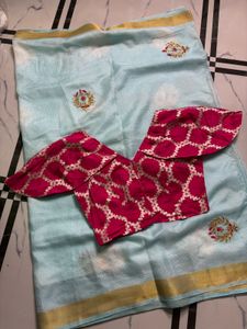 Elegant Light Blue Saree with Pink Blouse