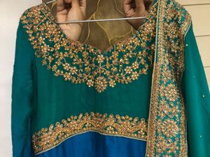 Stunning Teal &amp; Blue Embroidered Anarkali Suit