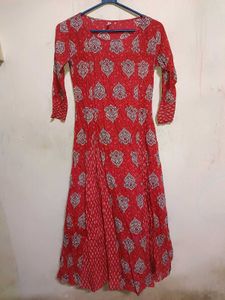 Red Printed Kurta with Drawstring Neck