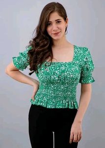 Green Floral Smocked Square Neck Top