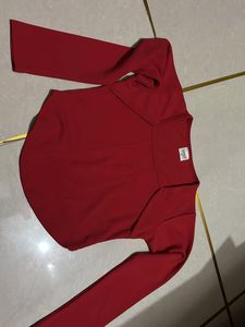Red Square Neck Long Sleeve Top