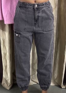 Grey Denim Cargo Jogger Pants