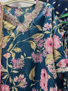 Floral Teal Kurta Set with Pink Dupatta