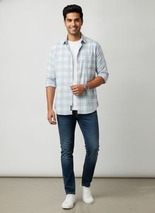 Men's Light Blue Plaid Button-Down Shirt