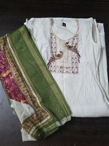 White Kurta Set with Peacock patiala pant