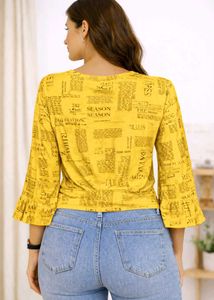 Newspaper Print Tie-Front Bell Sleeve Top (yellow)
