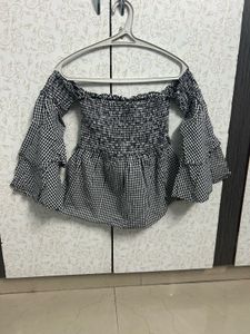 Imported Chic Gingham Off-Shoulder top with Bel