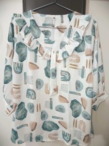 Abstract Print Ruffle Neck Top