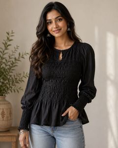 Black Smocked Puff Sleeve Peplum Top