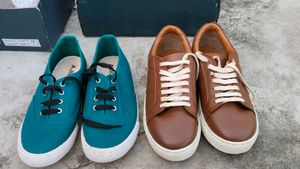 "AJIO Brown Leather Sneakers