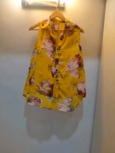 Yellow Floral Sleeveless Button-Up Top