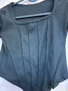 Black Ribbed Square Neck Top
