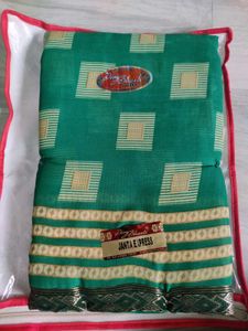 Green Saree with Cream Checkered Pattern