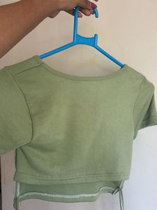 Olive Green Cropped T-Shirt with Tie Back