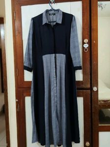 Elegant Navy Blue &amp; Grey Long Shirt Dress