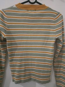 Women Mock Neck Yellow Stripes Sweater