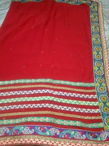 Embroidered Red Saree with Green Blouse