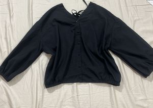 Chic Black Button-Up Blouse with Tie Detail