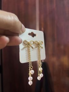 Gold Bow Pearl Drop Earrings
